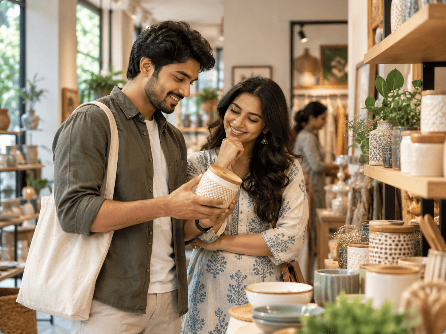 Customers comparing products inside a local shop