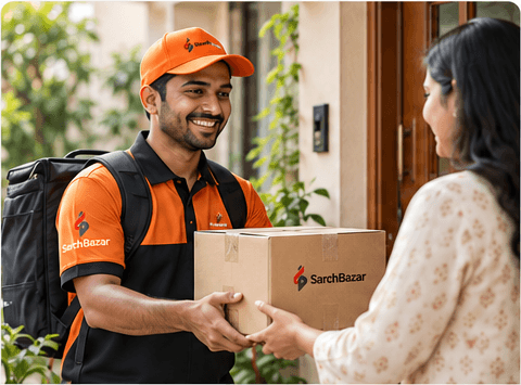 SarchBazar delivery partner handing a parcel to a customer